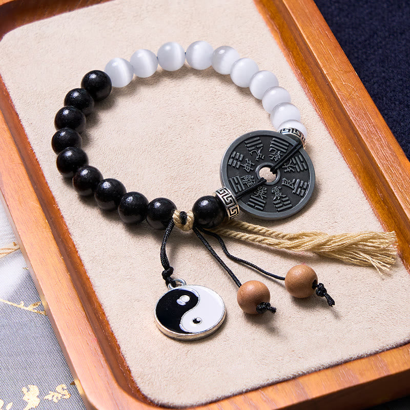 Buddha-Steine, Katzenauge, Ebenholz, Yin-Yang-Bagua-Münze, Stützseil-Armband