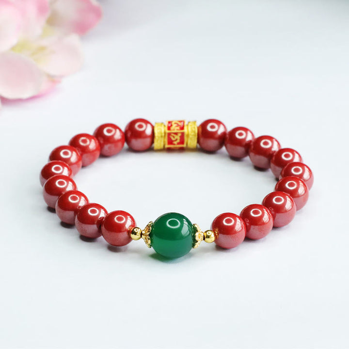 Buddha Stones Natürlicher Zinnober Grüner Achat Om Mani Padme Hum Muster Segen Armband