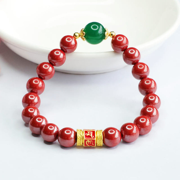 Buddha Stones Natürlicher Zinnober Grüner Achat Om Mani Padme Hum Muster Segen Armband