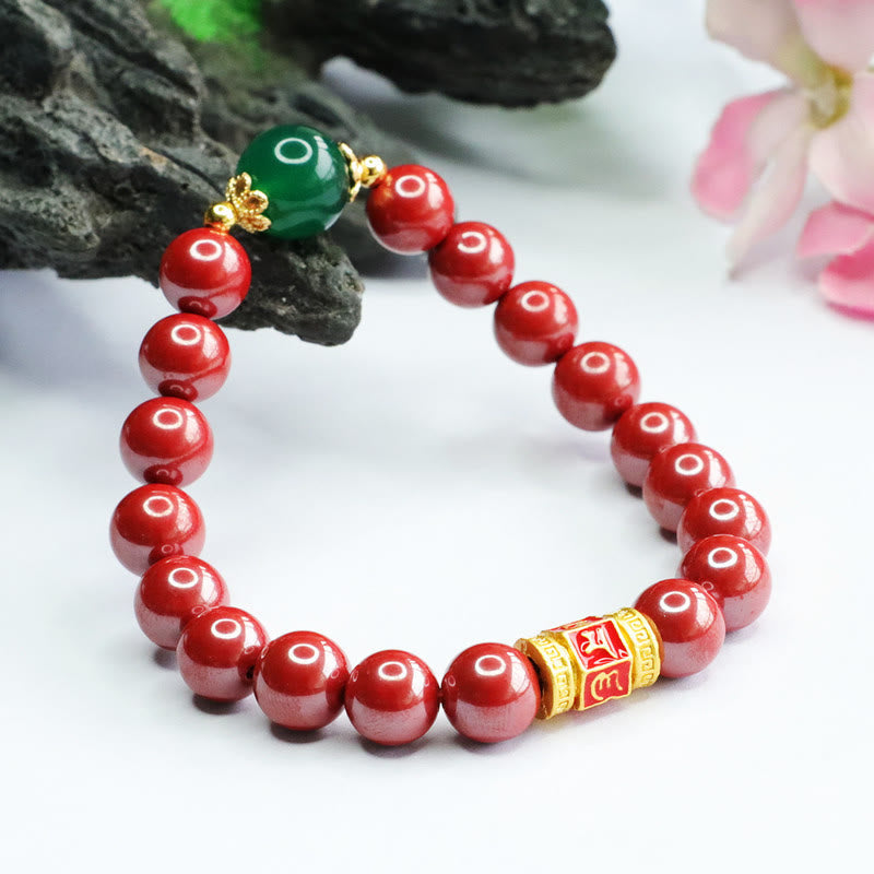 Buddha Stones Natürlicher Zinnober Grüner Achat Om Mani Padme Hum Muster Segen Armband