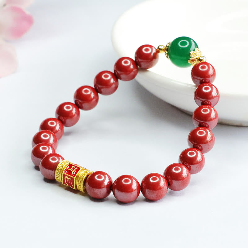 Buddha Stones Natürlicher Zinnober Grüner Achat Om Mani Padme Hum Muster Segen Armband