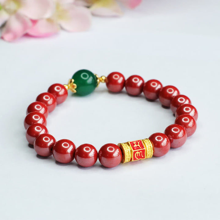 Buddha Stones Natürlicher Zinnober Grüner Achat Om Mani Padme Hum Muster Segen Armband