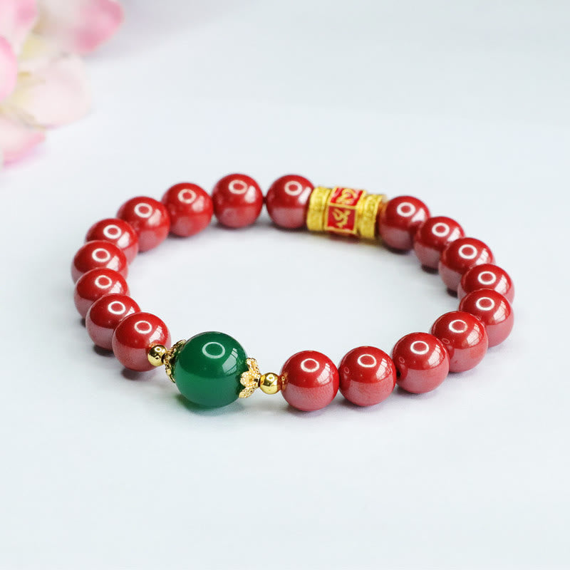 Buddha Stones Natürlicher Zinnober Grüner Achat Om Mani Padme Hum Muster Segen Armband