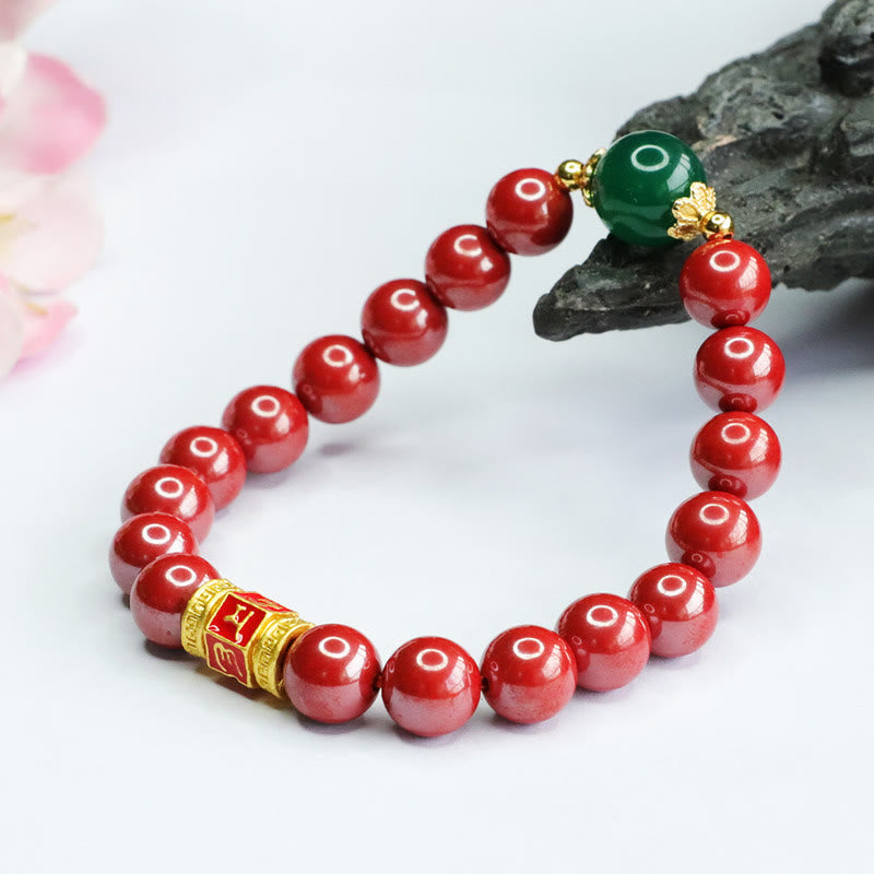 Buddha Stones Natürlicher Zinnober Grüner Achat Om Mani Padme Hum Muster Segen Armband