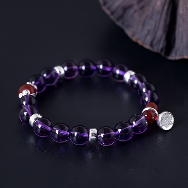 Buddha Stones 925 Sterling Silber Naturamethyst Rote Achat Lotus Positive Armband