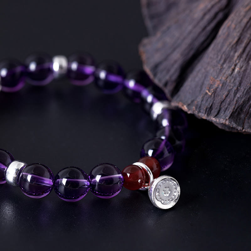 Buddha Stones 925 Sterling Silber Naturamethyst Rote Achat Lotus Positive Armband