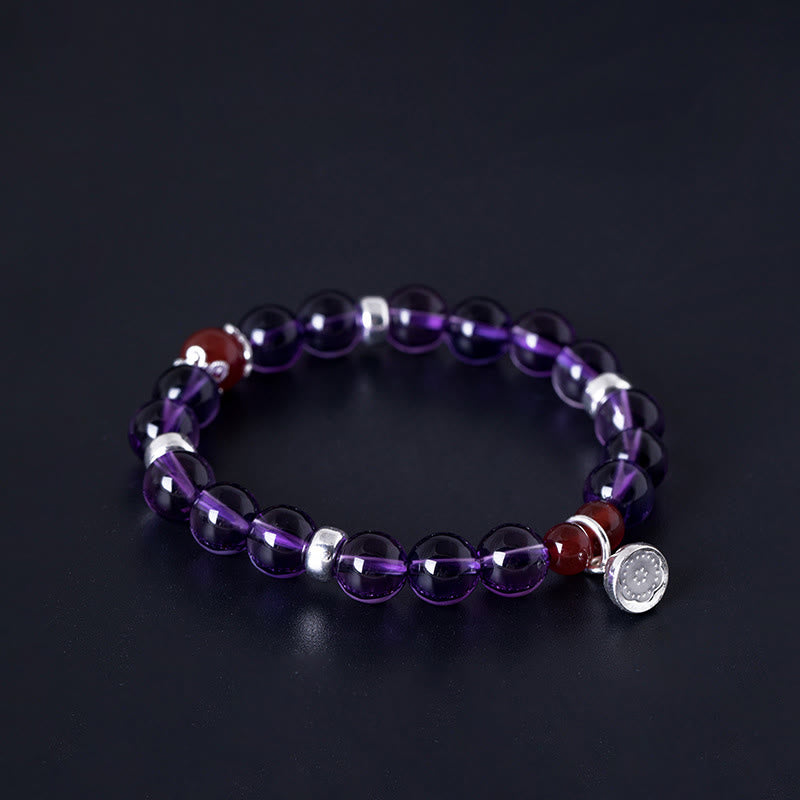 Buddha Stones 925 Sterling Silber Naturamethyst Rote Achat Lotus Positive Armband