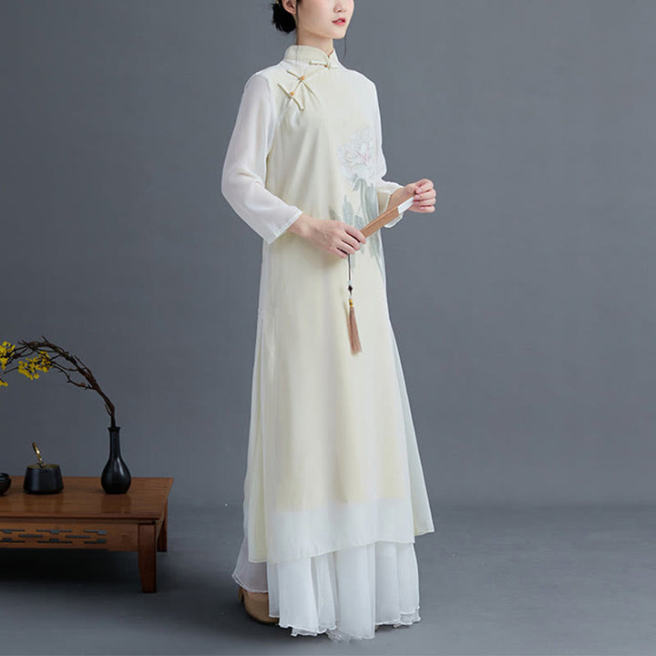 Buddha Stones 2 Stück Pfingstrosenblumen Cheongsam Midikleid Rock Chiffon Zen Kleidung Damen Set - image 2