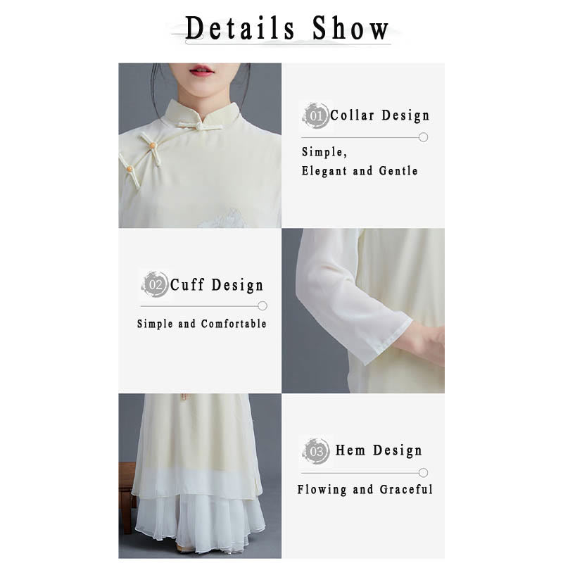 Buddha Stones 2 Stück Pfingstrosenblumen Cheongsam Midikleid Rock Chiffon Zen Kleidung Damen Set - image 4