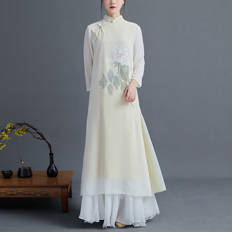 Buddha Stones 2 Stück Pfingstrosenblumen Cheongsam Midikleid Rock Chiffon Zen Kleidung Damen Set - Kleid & Rock - 2XL(Passend für US6; UK/AU10; EU38) - image 0