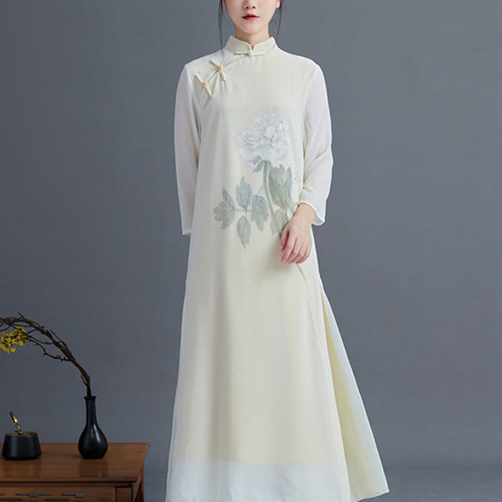 Buddha Stones 2 Stück Pfingstrosenblumen Cheongsam Midikleid Rock Chiffon Zen Kleidung Damen Set