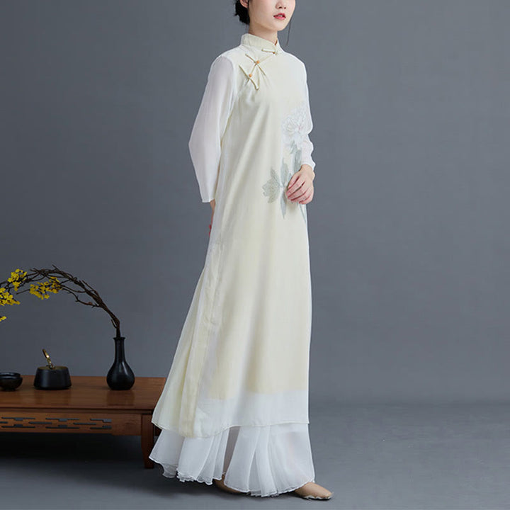 Buddha Stones 2 Stück Pfingstrosenblumen Cheongsam Midikleid Rock Chiffon Zen Kleidung Damen Set - image 3