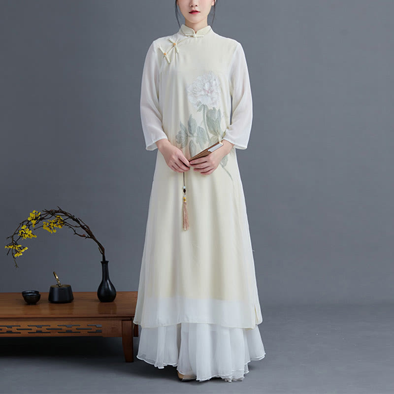 Buddha Stones 2 Stück Pfingstrosenblumen Cheongsam Midikleid Rock Chiffon Zen Kleidung Damen Set - image 1