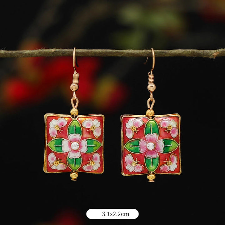 Buddha Stones Lotus-Schmetterlingsblumen-Ohrhänger aus Kupferlegierung – Erleuchtung - Quadratische rot-grüne Blume, 3,1 x 2,2 cm - image 24