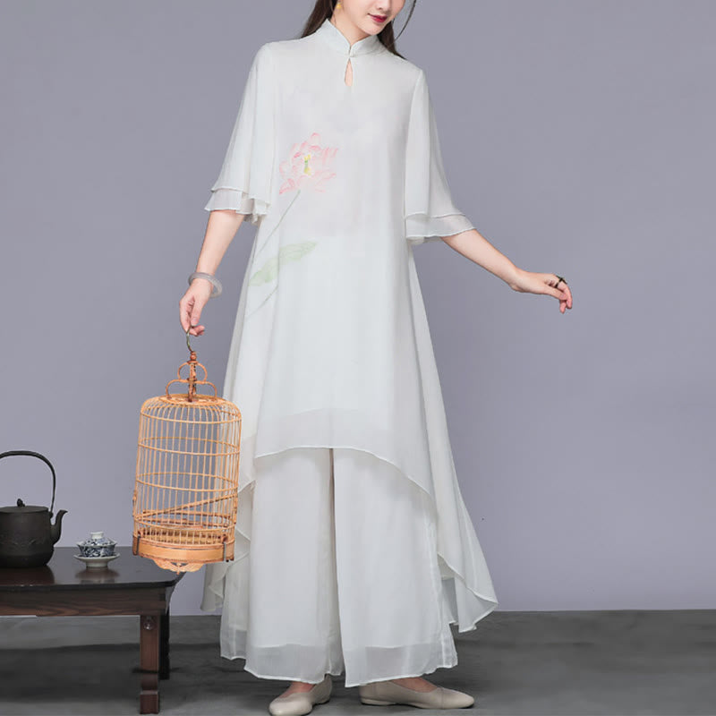 Buddha Stones 2 Stück Lotusblume Cheongsam Midikleid Weithose Chiffon Zen Damen-Set - image 3