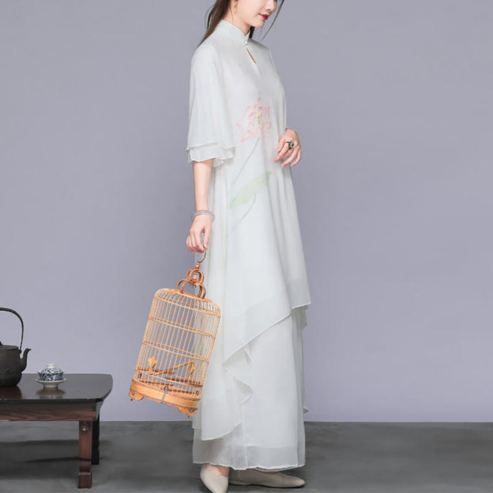 Buddha Stones 2 Stück Lotusblume Cheongsam Midikleid Weithose Chiffon Zen Damen-Set - image 2