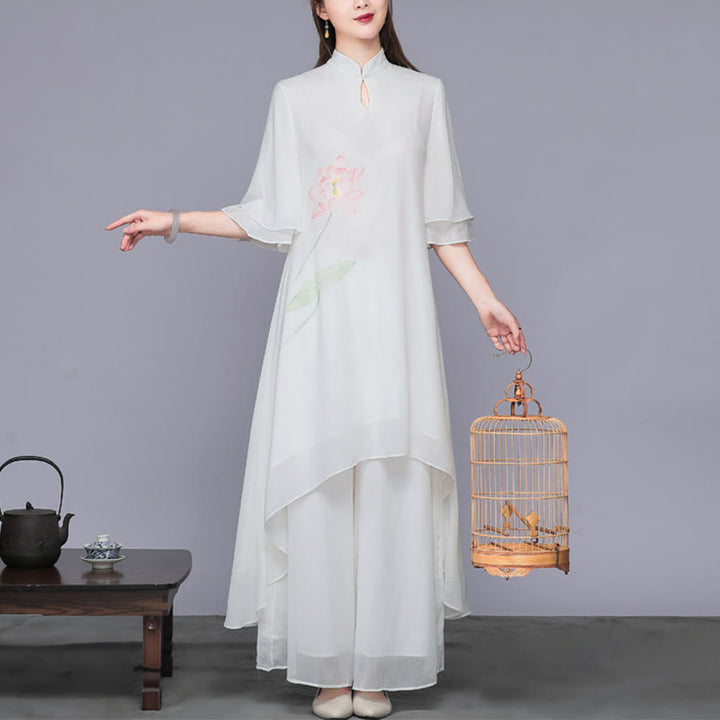 Buddha Stones 2 Stück Lotusblume Cheongsam Midikleid Weithose Chiffon Zen Damen-Set - image 1