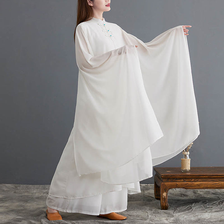 Buddha Stones 2 Stück Froschknopf Langarm Midi-Kleid Weite Hosen Chiffon Zen Damen Set - image 3