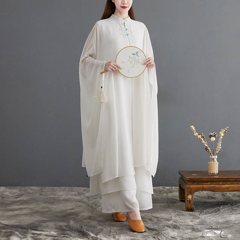 Buddha Stones 2 Stück Froschknopf Langarm Midi-Kleid Weite Hosen Chiffon Zen Damen Set - US12, UK/AU16, EU44 (2XL) - image 1