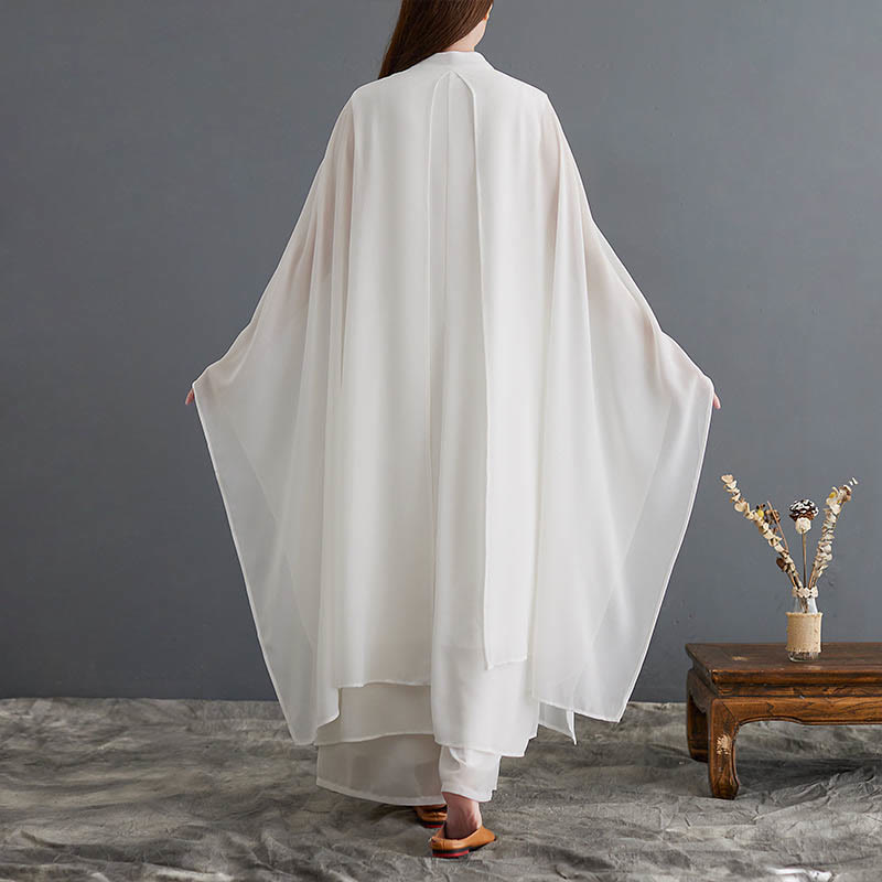 Buddha Stones 2 Stück Froschknopf Langarm Midi-Kleid Weite Hosen Chiffon Zen Damen Set - image 2