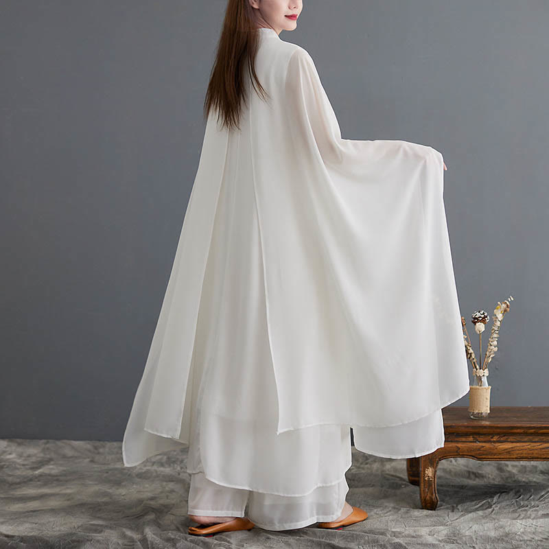 Buddha Stones 2 Stück Froschknopf Langarm Midi-Kleid Weite Hosen Chiffon Zen Damen Set - image 4