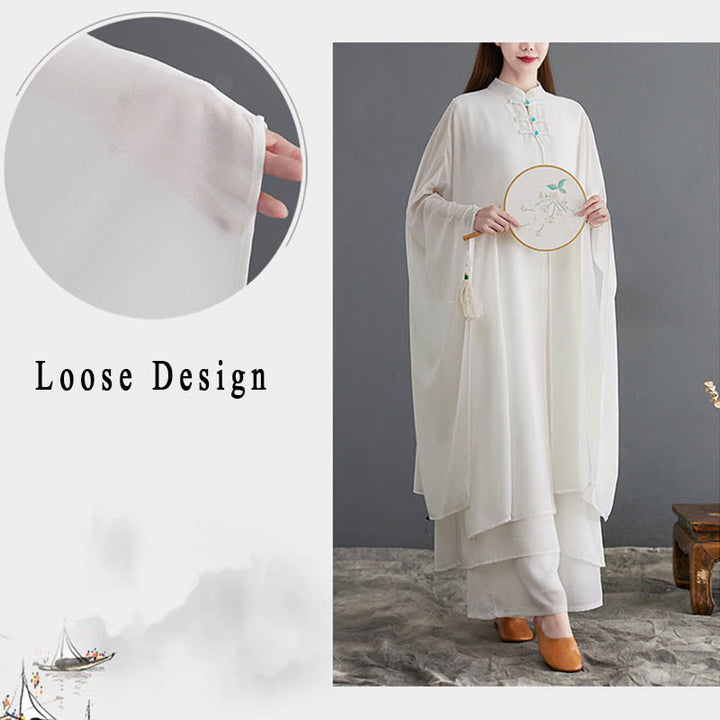 Buddha Stones 2 Stück Froschknopf Langarm Midi-Kleid Weite Hosen Chiffon Zen Damen Set - image 8