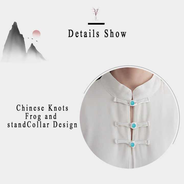 Buddha Stones 2 Stück Froschknopf Langarm Midi-Kleid Weite Hosen Chiffon Zen Damen Set - image 7