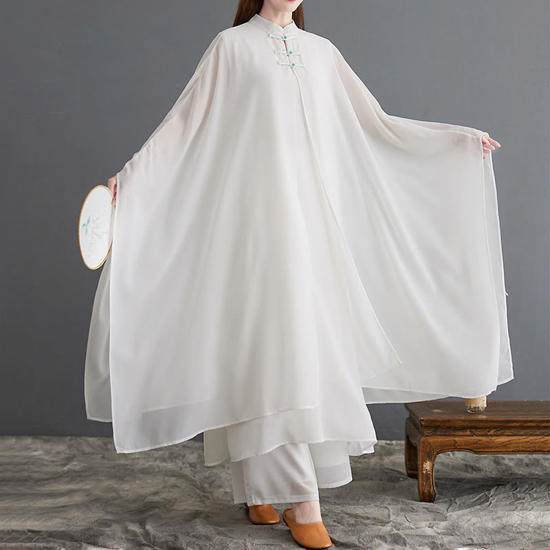 Buddha Stones 2 Stück Froschknopf Langarm Midi-Kleid Weite Hosen Chiffon Zen Damen Set - image 5