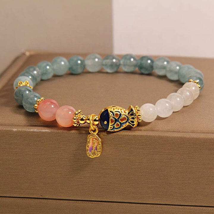 Buddha Stones Jade Yanyuan-Achat Weißer Jade Koi Fisch Schriftzeichen Glücksarmband