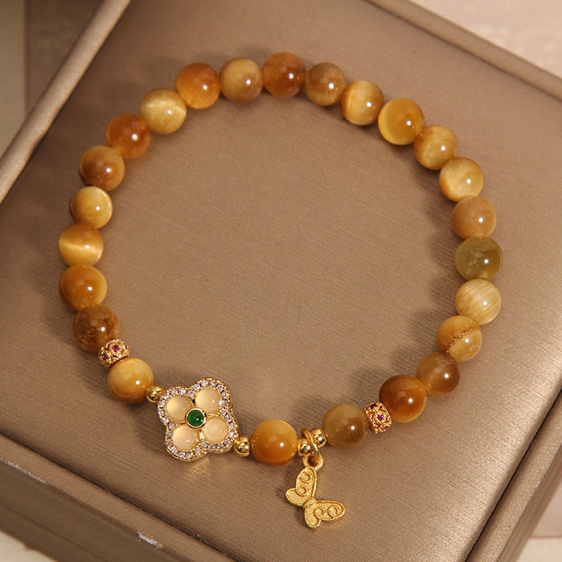 Buddha Stones Tigerauge-Armband mit vierblättrigem Kleeblatt und Schmetterlingsschutz - image 2
