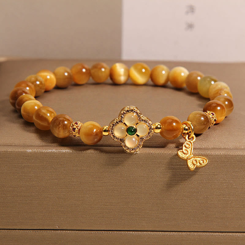 Buddha Stones Tigerauge-Armband mit vierblättrigem Kleeblatt und Schmetterlingsschutz - Tigerauge (Handgelenkumfang 14-16 cm) - image 0