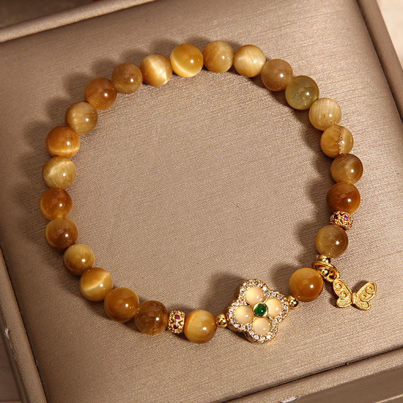 Buddha Stones Tigerauge-Armband mit vierblättrigem Kleeblatt und Schmetterlingsschutz - image 1