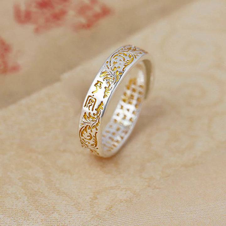 Buddha Stones Ring aus Kupfer mit Lotusherz-Sutra im Stil der Tang-Dynastie – Glücksring mit Lotusblütenmotiv und verstellbarer Länge - Peace & Tang Dynasty Flower Design 18mm (Verstellbar) - image 1