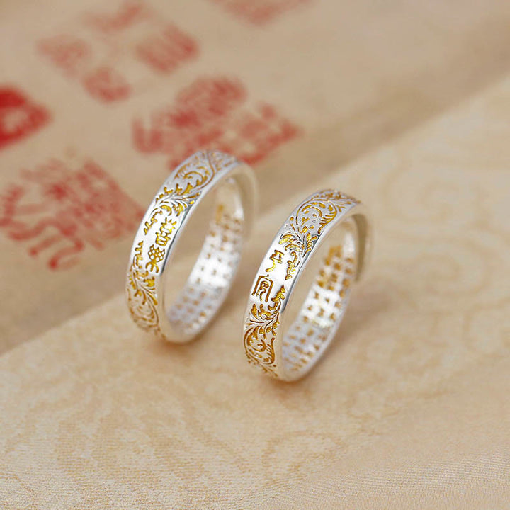 Buddha Stones Ring aus Kupfer mit Lotusherz-Sutra im Stil der Tang-Dynastie – Glücksring mit Lotusblütenmotiv und verstellbarer Länge - image 0