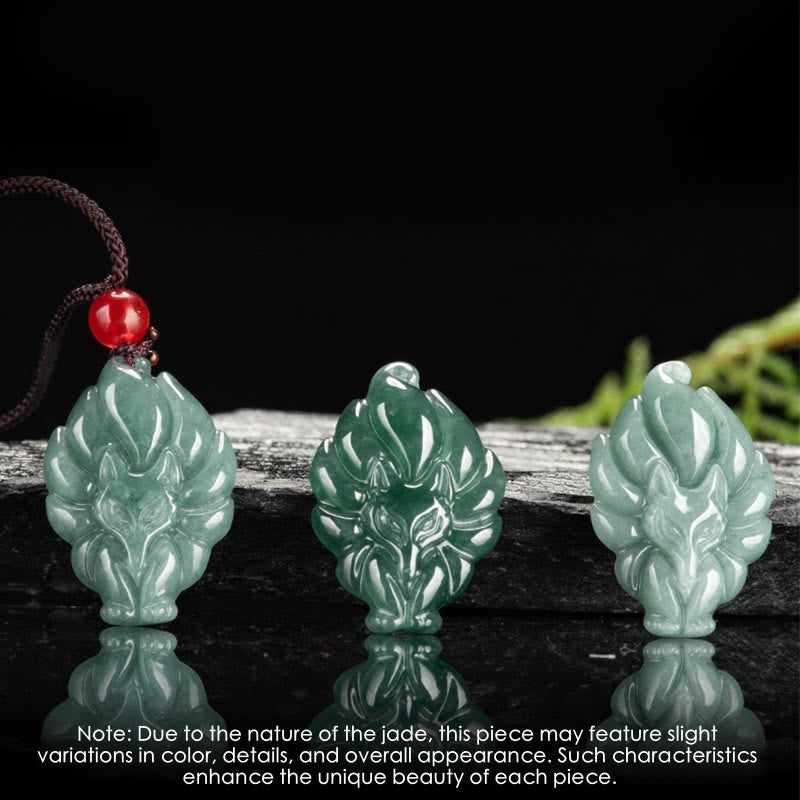Buddha Stones Halskettenanhänger aus natürlichem grünem Jade in Form eines neunschwänzigen Fuchses - image 7