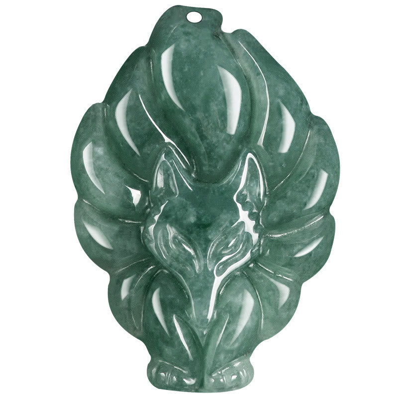 Buddha Stones Halskettenanhänger aus natürlichem grünem Jade in Form eines neunschwänzigen Fuchses - image 10