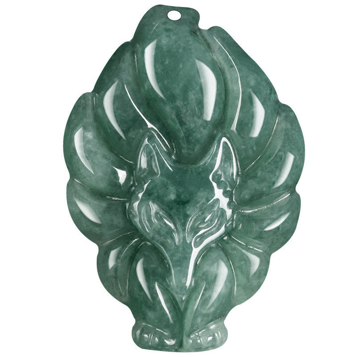 Buddha Stones Halskettenanhänger aus natürlichem grünem Jade in Form eines neunschwänzigen Fuchses - image 10