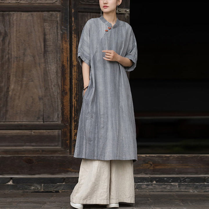 Buddha Stones Handgefertigtes, batikgefärbtes Damenkleid aus Ramie-Leinen mit kurzen Ärmeln und Taschen, knietief geschnitten - Graues Kleid & Khakihose - US4-6, UK/AU8-10, EU36-38 (F) - image 12