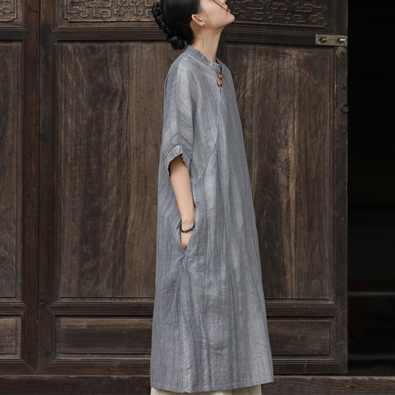 Buddha Stones Handgefertigtes, batikgefärbtes Damenkleid aus Ramie-Leinen mit kurzen Ärmeln und Taschen, knietief geschnitten - image 15