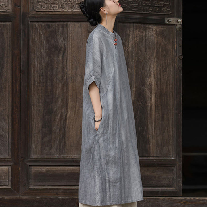 Buddha Stones Handgefertigtes, batikgefärbtes Damenkleid aus Ramie-Leinen mit kurzen Ärmeln und Taschen, knietief geschnitten - image 15