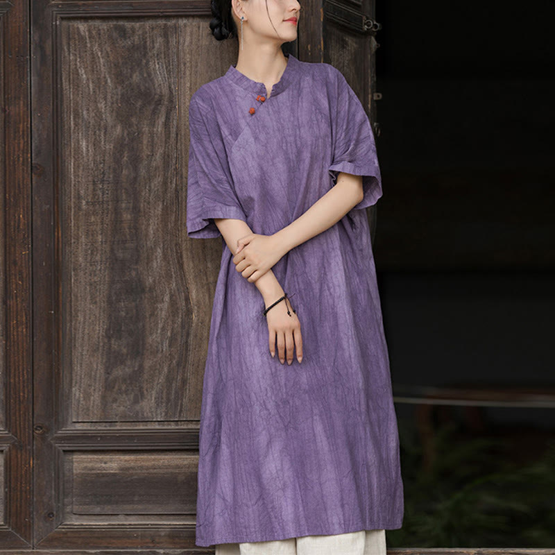 Buddha Stones Handgefertigtes, batikgefärbtes Damenkleid aus Ramie-Leinen mit kurzen Ärmeln und Taschen, knietief geschnitten - Lila Kleid (nur Kleid) - US4-6, UK/AU8-10, EU36-38 (F) - image 1