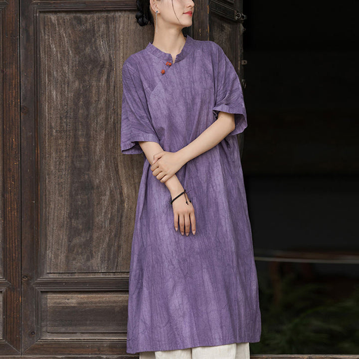 Buddha Stones Handgefertigtes, batikgefärbtes Damenkleid aus Ramie-Leinen mit kurzen Ärmeln und Taschen, knietief geschnitten - Lila Kleid (nur Kleid) - US4-6, UK/AU8-10, EU36-38 (F) - image 1