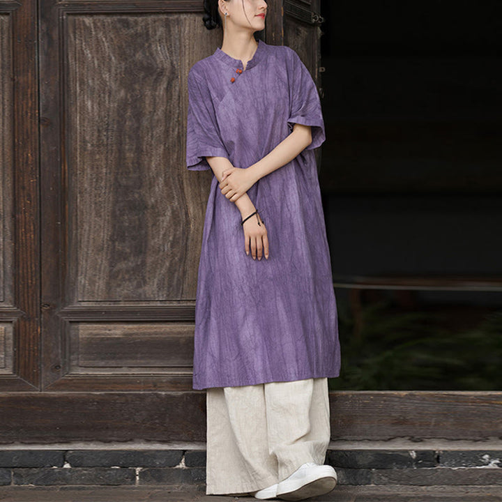 Buddha Stones Handgefertigtes, batikgefärbtes Damenkleid aus Ramie-Leinen mit kurzen Ärmeln und Taschen, knietief geschnitten - Lila Kleid & Khaki Hose - US4-6, UK/AU8-10, EU36-38 (F) - image 0