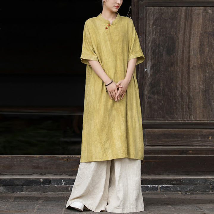 Buddha Stones Handgefertigtes, batikgefärbtes Damenkleid aus Ramie-Leinen mit kurzen Ärmeln und Taschen, knietief geschnitten - Gelbes Kleid & Khakihose - US4-6, UK/AU8-10, EU36-38 (F) - image 5