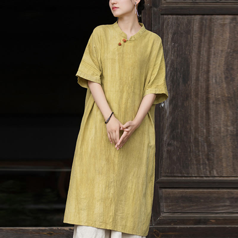 Buddha Stones Handgemachtes Midikleid aus Ramie-Leinen mit Batikmuster, Hose mit weitem Bein und Taschen - image 8