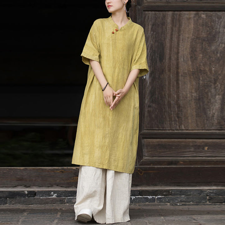 Buddha Stones Handgemachtes Midikleid aus Ramie-Leinen mit Batikmuster, Hose mit weitem Bein und Taschen - image 6