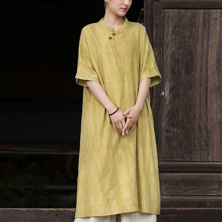 Buddha Stones Handgefertigtes, batikgefärbtes Damenkleid aus Ramie-Leinen mit kurzen Ärmeln und Taschen, knietief geschnitten - Gelbes Kleid (nur Kleid) - US4-6, UK/AU8-10, EU36-38 (F) - image 7