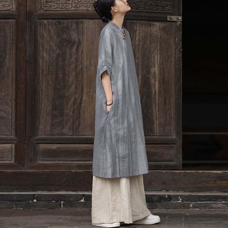 Buddha Stones Handgefertigtes, batikgefärbtes Damenkleid aus Ramie-Leinen mit kurzen Ärmeln und Taschen, knietief geschnitten - image 13