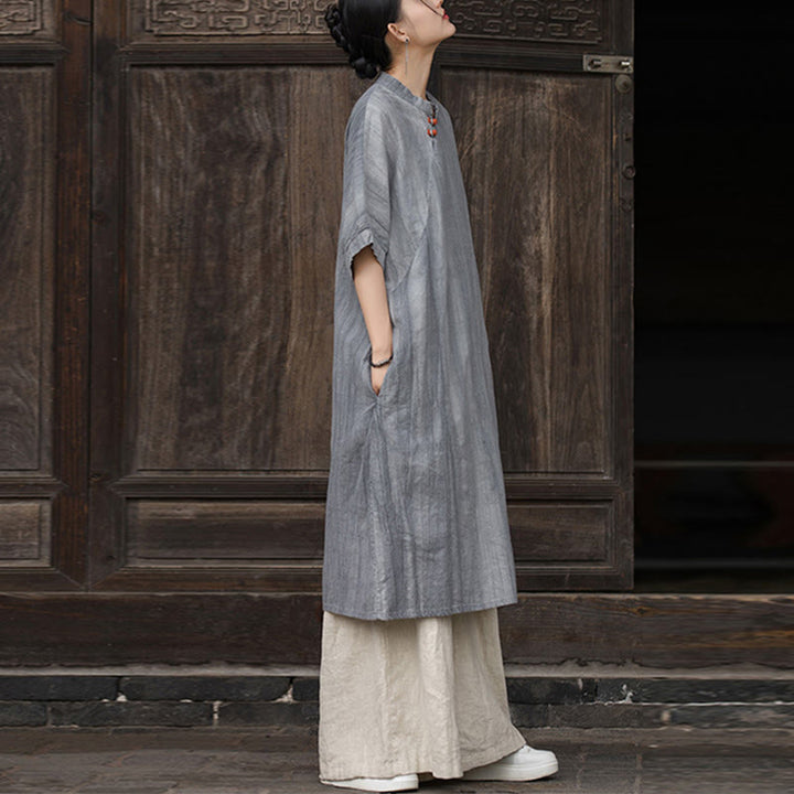 Buddha Stones Handgefertigtes, batikgefärbtes Damenkleid aus Ramie-Leinen mit kurzen Ärmeln und Taschen, knietief geschnitten - image 13