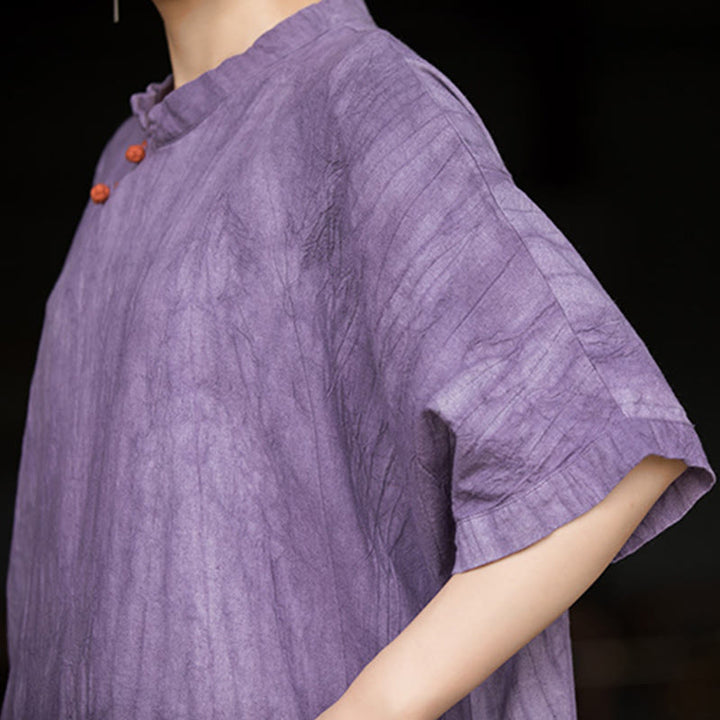 Buddha Stones Handgefertigtes, batikgefärbtes Damenkleid aus Ramie-Leinen mit kurzen Ärmeln und Taschen, knietief geschnitten - image 3